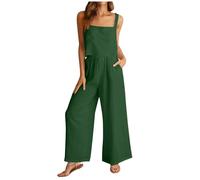 Tenue Été Décontractée Femme Style Import Débardeur Carré Lin Crop Top Pantalon Extra Large 7/8 Ensemble Confortable Deux Pièces(Green, XL)
