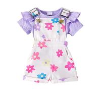 Tenue Été pour Bébé Fille - Hauts à Volants Imprimés Marguerite accompagnés de Pantalons à Bretelles avec Poche