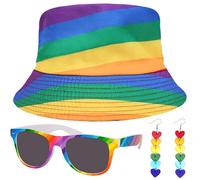 Tenue fierté pour femme, chapeau de pêche, 1 paire de lunettes de soleil arc-en-ciel, 1 boucle d'oreille arc-en-ciel Pride, pour femme, accessoires de fierté, accessoires Lgbtq, idéal pour les