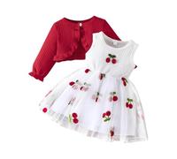 Tenue Fille Deux Pieces Cardigan Manches Longues Petite Cape Imprime Cerise Robe Couches Resille Soiree Décontractee 9 Mois-4 Ans(Red, 12-18 Months)