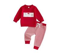 Tenue Fille Deux pièces Sweat Capuche Rouge brodé Motif Père Noël Pantalon Rayures Tricot Confortable vêtements fête Vacances Ensemble bébé (Red, 2-3 Years)