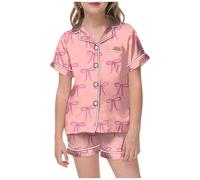 Tenue Fille Été Deux Pièces Manches Courtes Haut avec Imprimé Nœud Et Taille Élastique Short Décontracté Pyjama pour Tout Petit Enfant Âge(6-7 Years)