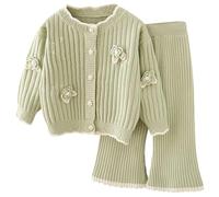 Tenue Fille Tricot Pull Deux Pièces Décontracté Hiver Printemps Automne Tout Petit Enfant Vêtement Doux Confortable Fait Main Design Florale(Green, 3-4 Years)