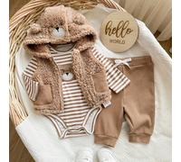 Tenue fourrée pour enfants, veste en peluche mignonne d'animal + combinaison rayée + pantalon de sport confortable, convient pour le port intérieur et extérieur en automne/hiver 6-9M,0-1M,1-3M,3-6MRay