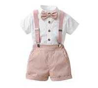 Tenue Gentleman Bébé Garçon de 2 Pièces, Bébé Garçon Gentilhomme Tenu Ensemble Manche Courte Nœud Papillon Chemises Bretelles Un Pantalon Costume de Mariage Body Chemise à Manches 1 Haut + 1 Short