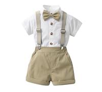 Tenue Gentleman Bébé Garçon de 2 Pièces, Bébé Garçon Gentilhomme Tenu Ensemble Manche Courte Nœud Papillon Chemises Bretelles Un Pantalon Costume de Mariage Body Chemise à Manches 1 Haut + 1 Short