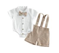 Tenue Gentleman Bébé Garçon de 2 Pièces, Body Chemise à Manches Courtes + Shorts à Bretelles, Ensemble Gentleman Baptême Mariage Cérémonie