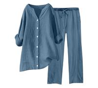 Tenue Interieur Femme Chic Été Deux Pièces Coton Et Lin Lâche Fluide Chemise + Pantalon Ensemble Taille Haute Large Chic Col Rond à Manches Longues Léger Jogging Outfit Set