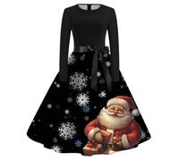Tenue Mere Noel Femme Sexy, Robe de soirée de noël imprimée rétro pour Femmes, Manches Longues, col Rond, avec Grande Jupe trapèze (L)