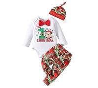 Tenue Noel Bebe Fille 0 18 Mois cerf Noeud Vetement Bebe Fille Naissance Mon Premier noël Body Bebe garçon Manche Longue Dessin animé Pantalon et Bonnet Ensemble Naissance (White, 0-3 Mois)