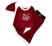 Tenue Noel Bebe Fille 1-7 Ans Pas Cher Pull Noel Enfant Fille Velours Mignon Pere Noel Imprimé Tee Shirt Manche Longue + Pantalon Évasé + Bonnet Noel Bebe Fille Costume Noel Bebe (Red, 2-3 Ans)