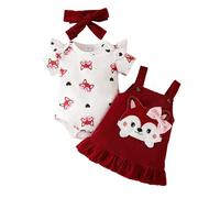 Tenue Nouveau Né Bébé Fille Manches Courtes Cartoon Imprimé Renard Coeur Combinaison Noeud Papillon Salopette Jupe Droit Trois Pièces Corsage(Red, 0-3 Months)