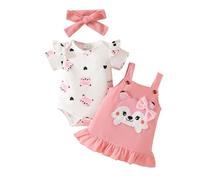 Tenue Nouveau Né Bébé Fille Manches Courtes Cartoon Imprimé Renard Coeur Combinaison Noeud Papillon Salopette Jupe Droit Trois Pièces Corsage(12-18 Months)