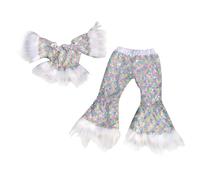 Tenue Paillettes Fille Concours Une Pièce Haut Une Pièce Brillant Anniversaire Soirée Pantalon Long Jambe Évasé Vêtements Corsage(Multicolour, 0-3 Months)