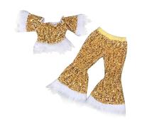 Tenue Paillettes Fille Concours Une Pièce Haut Une Pièce Brillant Anniversaire Soirée Pantalon Long Jambe Évasé Vêtements Corsage(Yellow, 2-3 Years)