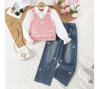 Tenue pour préadolescentes : Gilet en tricot à motif + chemise + jeans, convient pour le printemps, l'automne et l'hiver. Le gilet en tricot a un motif jacquard délicat, avec un accent nœud ajoutant u