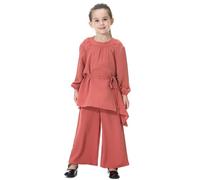 Tenue Priere Fille - Ensemble Robe Abaya pour Filles Musulmanes Pantalon Ample Et Fluide Tenue De Tous Les Jours Style Sud-Est Asiatique Tenue Confortable pour Enfants (Red 5-6 Years)