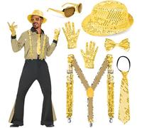 Tenue Scintillante pour Homme, Lot de 6 Accessoires à Paillettes pour Homme des années 70 Costume à Paillettes pour Homme avec Bretelles, Chapeau, Cravate, nœud Papillon, Gants pour Carnaval, Or