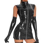 Tenue Sexy Femme érotique Hot Latex Robe Moulante Femme Courte Club libertin Simili Cuir Robe zippée Devant Femme sans Manches Lingerie et vêtements Sexy Babydoll Nuisette (Black, M)