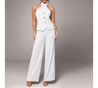 Tenue simple pour le quotidien, élégante pour les fêtes, adaptée à la saison printanière. Ensemble femme deux pièces de haute qualité, débardeur unicolore avec design de poche abricot et boucle métall