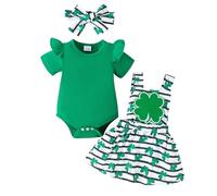 tenue st patrick bebe fille trèfle imprime ensemble bebe fille naissance 0-18 mois ete body manche courte bebe fille volants uni barboteuse Combinaison + robe à bretelles rayée (Green, 9-12 Months)