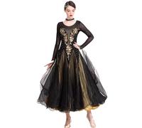 Tenue Standard Nationale Jupe Compétition Valse Vestito Salsa Superbe | Manches Longues Aspect Strass Compétition Grande Jupe Tulle Ample Superbe Finition Taille élastique Respirant Brodé