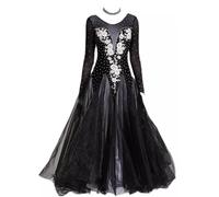 Tenue Standard Nationale Jupe Compétition Valse Vestito Salsa Superbe | Manches Longues Aspect Strass Compétition Grande Jupe Tulle Ample Superbe Finition Taille élastique Respirant Brodé