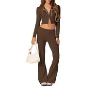Tenue tricotée Y2K femme Ensemble 2 pièces en tricot côtelé pantalon à jambes larges Crop Top zippé à manches longues+pantalon à jambes larges Sweatshirts pantalon vintage Streetwear des années 90