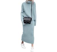 Tenues 2 pièces à col roulé pour Femmes Pull en Tricot côtelé Ensemble Jupe Crayon midi (Bleu,L)