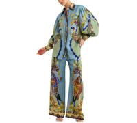 Tenues 2 pièces bohème pour femme - Imprimé graffiti - Ensemble assorti - Chemise boutonnée à manches longues et pantalon avec poches - Vêtement de détente hawaïen, #1, M