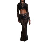 Tenues 2 pièces en dentelle transparente pour femme - Ensemble d'été bohème assorti à manches longues et col rond ajouré et jupe longue moulante élégante pour plage, vacances, Noir , L
