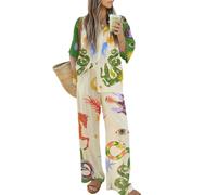 Tenues 2 pièces en lin bohème pour femme - Imprimé graffiti - Ensemble assorti à manches courtes et pantalon avec poches - Vêtement de détente hawaïen, #1, M