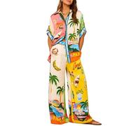 Tenues 2 pièces en satin bohème pour femme - Imprimé graffiti - Ensemble assorti à manches courtes et pantalon avec poches - Vêtement de détente hawaïen, #1, M