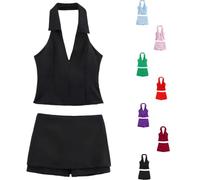 Tenues 2 pièces for vacances d'été for dames, dos nu, col en V profond | Ensemble haut court sans manches, dos nu, Mini jupe-short, couleur unie, décontracté, plage, vacances, sortie