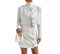 Tenues 2 pièces pour femmes ensemble veste et jupe à manches longues blazer en tweed à carreaux (Perle blanche,Grand)
