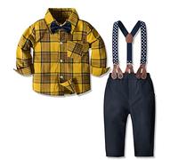 Tenues bébé garçon Chemise à Carreaux + Noeud Papillon + Bretelles + Pantalon 4 pièces Enfant en Bas âge garçons Enfants Costume de Tenue Gentilhomme (Jaune , 18-24 Mois)