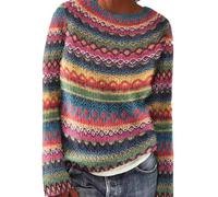 Tenues d'automne pour femmes - Pull rétro tricoté à imprimé île - Style décontracté - Col rond - Manches longues - Chandail court léger, rose vif, M