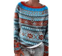 Tenues d'automne pour femmes - Pull rétro tricoté à imprimé île - Style décontracté - Col rond - Manches longues - Chandail court léger, noir foncé, 3XL