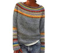 Tenues d'automne pour femmes - Pull rétro tricoté à imprimé île - Style décontracté - Col rond - Manches longues - Chandail court léger, jaune, 5XL