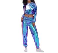 Tenues de carnaval pour femme - Manches longues - Brillantes - Métalliques - Hauts - Sweatshirts - Clubwear - Tenue de fête - Veste polaire pour femme - Noir - Sans, bleu, M