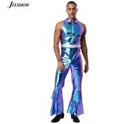 Tenues de danse Disco métalliques brillantes pour hommes, col à revers rétro des années 70, combinaison sans manches à jambes évasées, Costume Hippie pour Halloween Blue