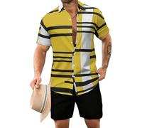 Tenues de Vacances 2 pièces rayées pour Hommes Chemise boutonnée à Blocs de Couleur et Short à Cordon de Serrage Ensemble