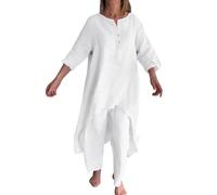 Tenues de voyage deux pièces en coton et lin pour femme, chemises irrégulières à manches longues, taille haute, pantalon droit, ensembles de vêtements d'été avec encolure ronde et ourlets roulés