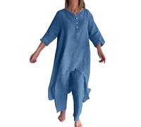Tenues de voyage deux pièces en coton et lin pour femme, chemises irrégulières à manches longues, taille haute, pantalon droit, ensembles de vêtements d'été avec encolure ronde et ourlets roulés, bleu