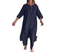 Tenues de voyage deux pièces en coton et lin pour femme, chemises irrégulières à manches longues, taille haute, pantalon droit, ensembles de vêtements d'été avec encolure ronde et ourlets roulés, bleu