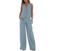 Tenues décontractées en coton et lin 2 pièces pour femme - Gilet ample sans manches avec boutons - Pantalon large - Pantalon confortable pour femme - Blazer d'été - Costume d'affaires - Vêtements de