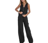 Tenues décontractées en coton et lin 2 pièces pour femme - Gilet ample sans manches avec boutons - Pantalon large - Pantalon confortable pour femme - Blazer d'été - Costume d'affaires - Vêtements de