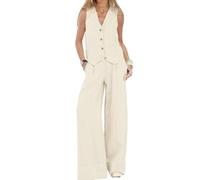 Tenues décontractées en coton et lin 2 pièces pour femme - Gilet ample sans manches avec boutons - Pantalon large - Pantalon confortable pour femme - Blazer d'été - Costume d'affaires - Vêtements de