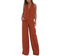 Tenues décontractées en coton et lin 2 pièces pour femme - Gilet ample sans manches avec boutons - Pantalon large - Pantalon confortable pour femme - Blazer d'été - Costume d'affaires - Vêtements de