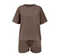Tenues d'été pour enfants - T-shirt à manches courtes et col rond - Short élastique - Couleur unie - 2 pièces - Pour garçons et filles - Ensemble tendance simple et décontracté (marron, 11-12 ans)